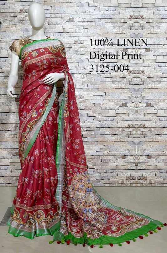 Dark Red Shade Kalamkari Printed linen saree I Silver Zari BorderI Handwoven Saree I Pretty Sari | KIHUMS Saree