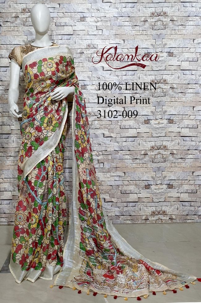Multishade Shade Kalamkari Printed linen saree I Silver Zari BorderI Handwoven Saree I Pretty Sari | KIHUMS Saree