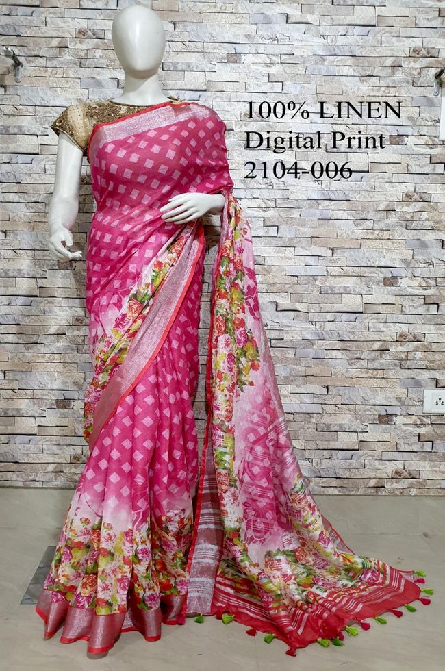 Pink shade Floral Printed linen saree I Gold Zari BorderI Handwoven Saree I Pretty Sari | KIHUMS Saree
