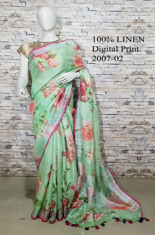 Green shade Floral Printed linen saree I Gold Zari BorderI Handwoven Saree I Pretty Sari | KIHUMS Saree