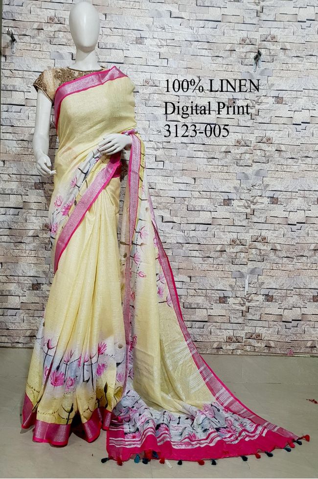 Yellow shade Floral Printed linen saree I Gold Zari BorderI Handwoven Saree I Pretty Sari | KIHUMS Saree