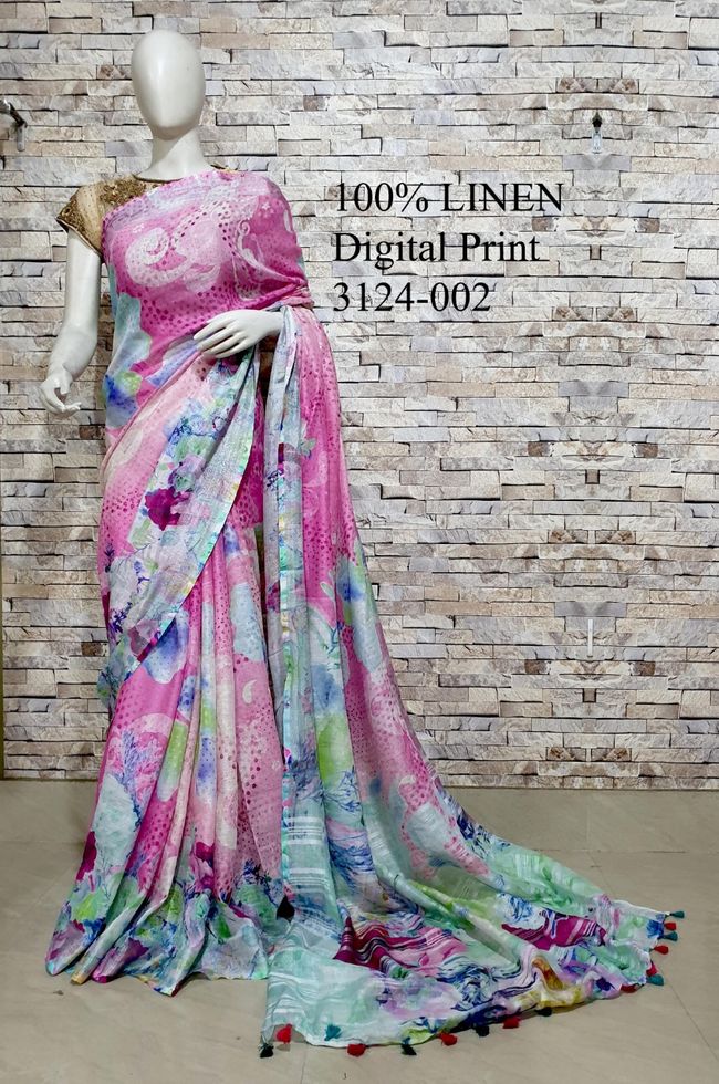 Pink shade Floral Printed linen saree I Gold Zari BorderI Handwoven Saree I Pretty Sari | KIHUMS Saree