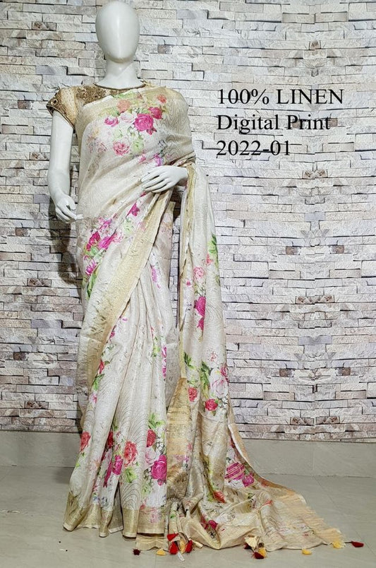 Light cream shade Floral Printed linen saree I Gold Zari BorderI Handwoven Saree I Pretty Sari | KIHUMS Saree