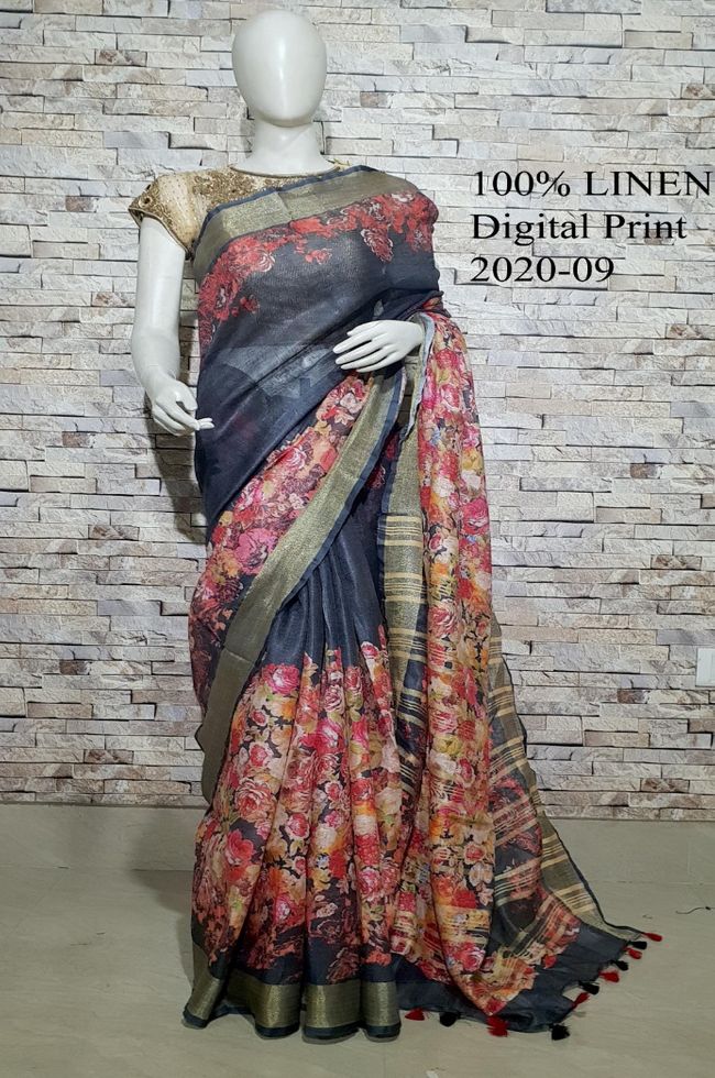 Black shade Floral Printed linen saree I Gold Zari BorderI Handwoven Saree I Pretty Sari | KIHUMS Saree