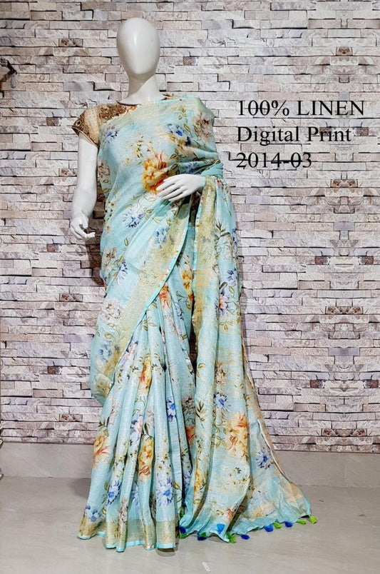 Powder Blue shade Floral Printed linen saree I Silver Zari BorderI Handwoven Saree I Pretty Sari | KIHUMS Saree