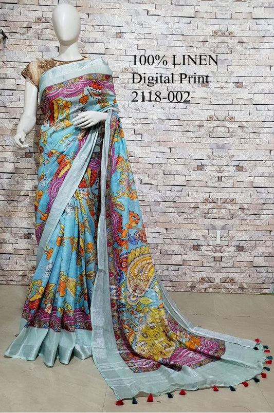 Blue shade Floral Printed linen saree I Silver Zari BorderI Handwoven Saree I Pretty Sari | KIHUMS Saree