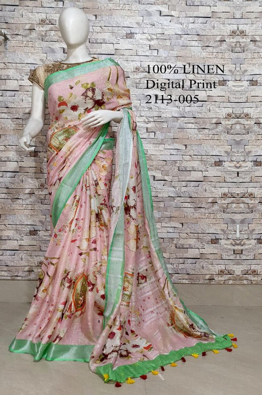 Salmon shade Floral Printed linen saree I Silver Zari BorderI Handwoven Saree I Pretty Sari | KIHUMS Saree