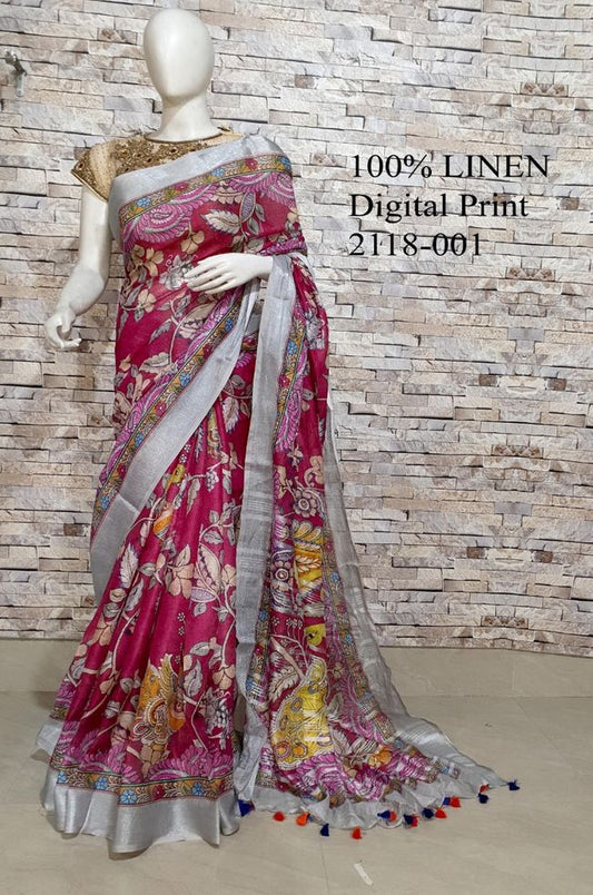 Maroon shade Floral Printed linen saree I Silver Zari BorderI Handwoven Saree I Pretty Sari | KIHUMS Saree