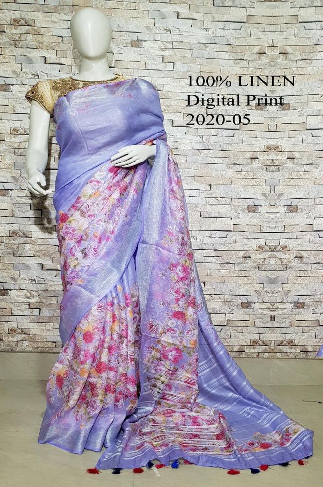 Purple shade Floral Printed linen saree I Silver Zari BorderI Handwoven Saree I Pretty Sari | KIHUMS Saree