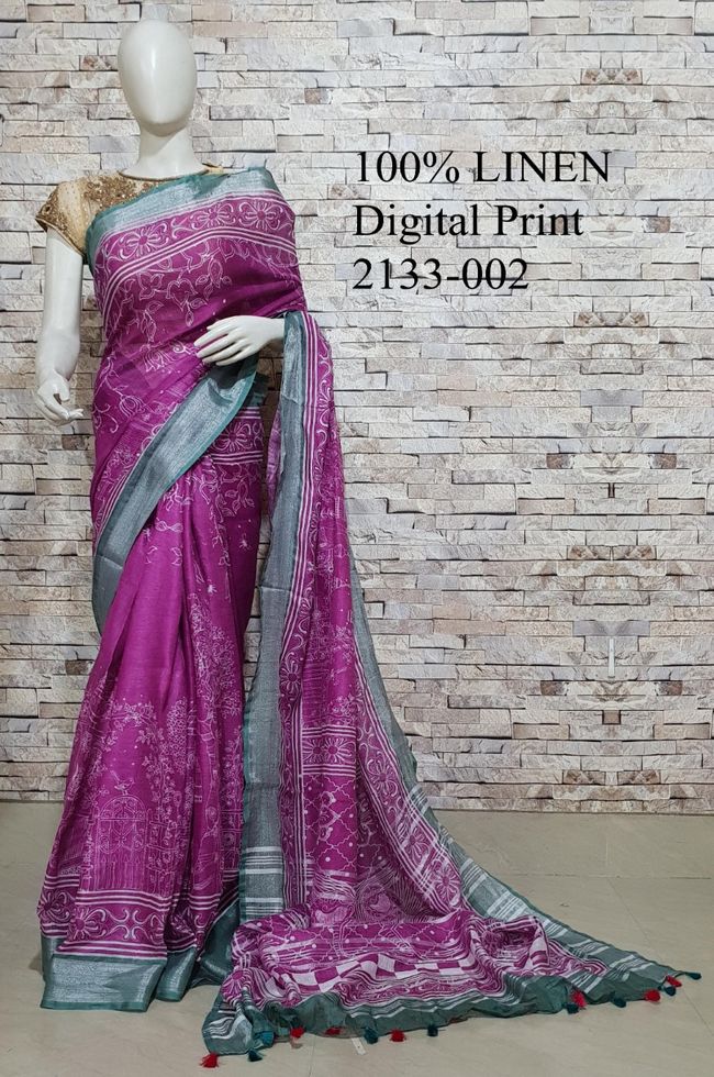 Magenta shade Floral Printed linen saree I Silver Zari BorderI Handwoven Saree I Pretty Sari | KIHUMS Saree