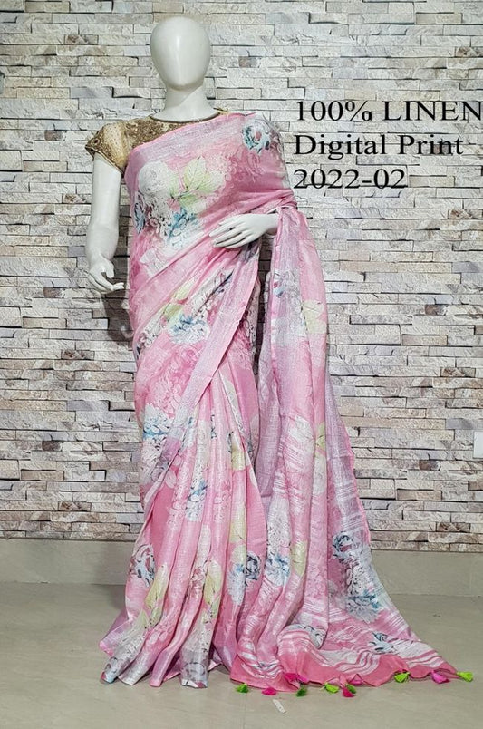 Pink shade Floral Printed linen saree I Silver Zari BorderI Handwoven Saree I Pretty Sari | KIHUMS Saree