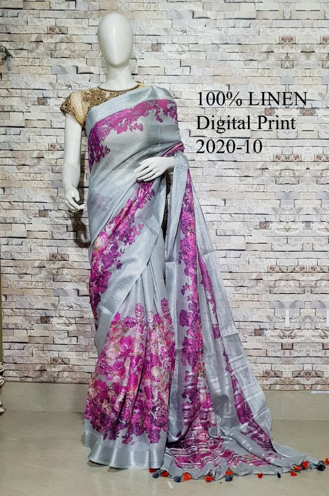 Grey shade Floral Printed linen saree I Silver Zari BorderI Handwoven Saree I Pretty Sari | KIHUMS Saree