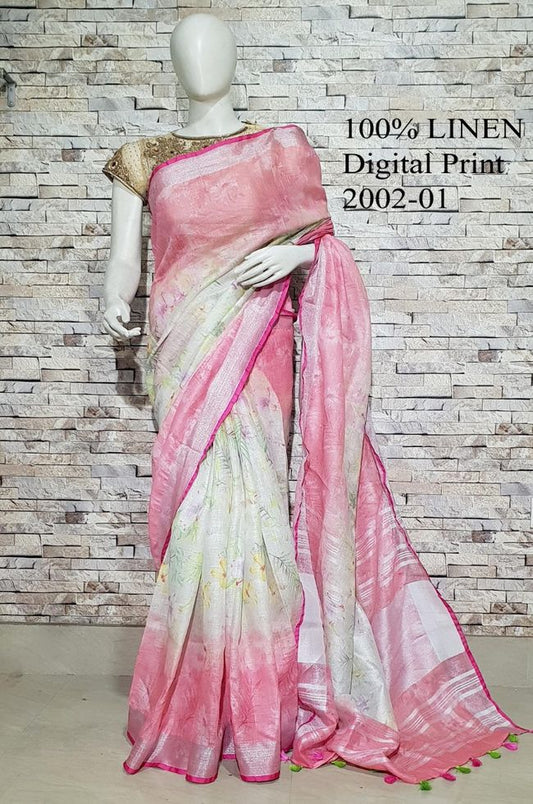 Pink shade Floral Printed linen saree I Silver Zari BorderI Handwoven Saree I Pretty Sari | KIHUMS Saree