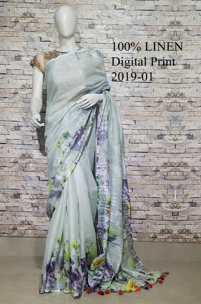 Pastel shade Floral Printed linen saree I Gold Zari BorderI Handwoven Saree I Pretty Sari | KIHUMS Saree