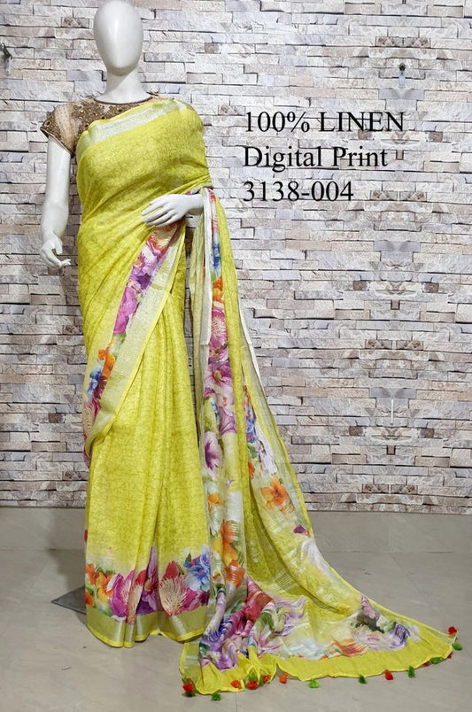 Yellow Floral Printed linen saree I Gold Zari BorderI Handwoven Saree I Pretty Sari | KIHUMS Saree