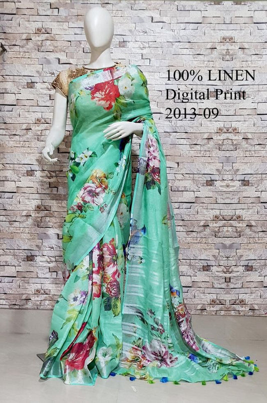 Green Floral Printed linen saree I Gold Zari BorderI Handwoven Saree I Pretty Sari | KIHUMS Saree