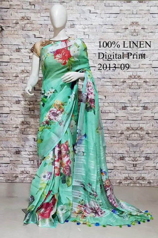 Green Floral Printed linen saree I Gold Zari BorderI Handwoven Saree I Pretty Sari | KIHUMS Saree kihums clothing