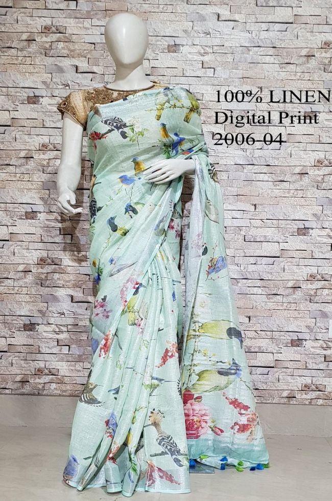 Pastel Green Floral Printed linen saree I Gold Zari BorderI Handwoven Saree I Pretty Sari | KIHUMS Saree