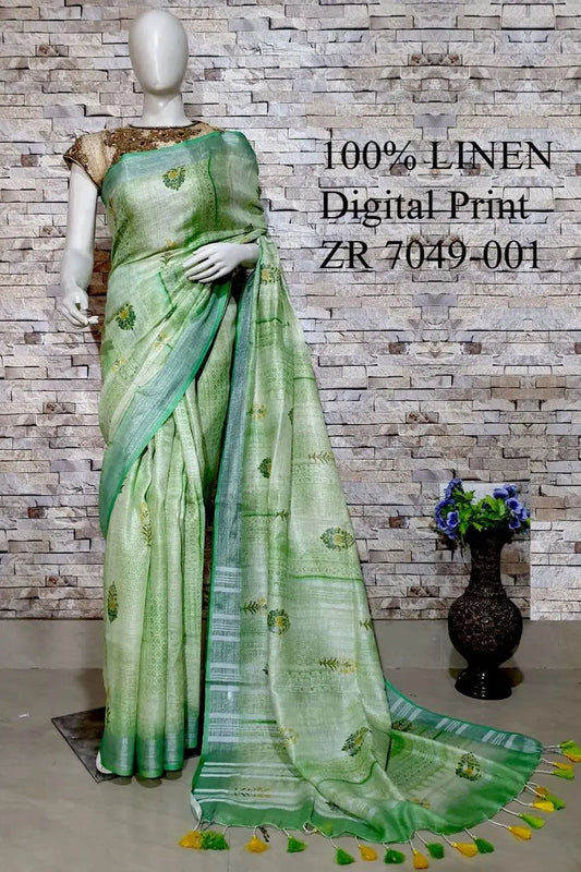 Green Floral Printed linen saree I Gold Zari BorderI Handwoven Saree I Pretty Sari | KIHUMS Saree kihums clothing