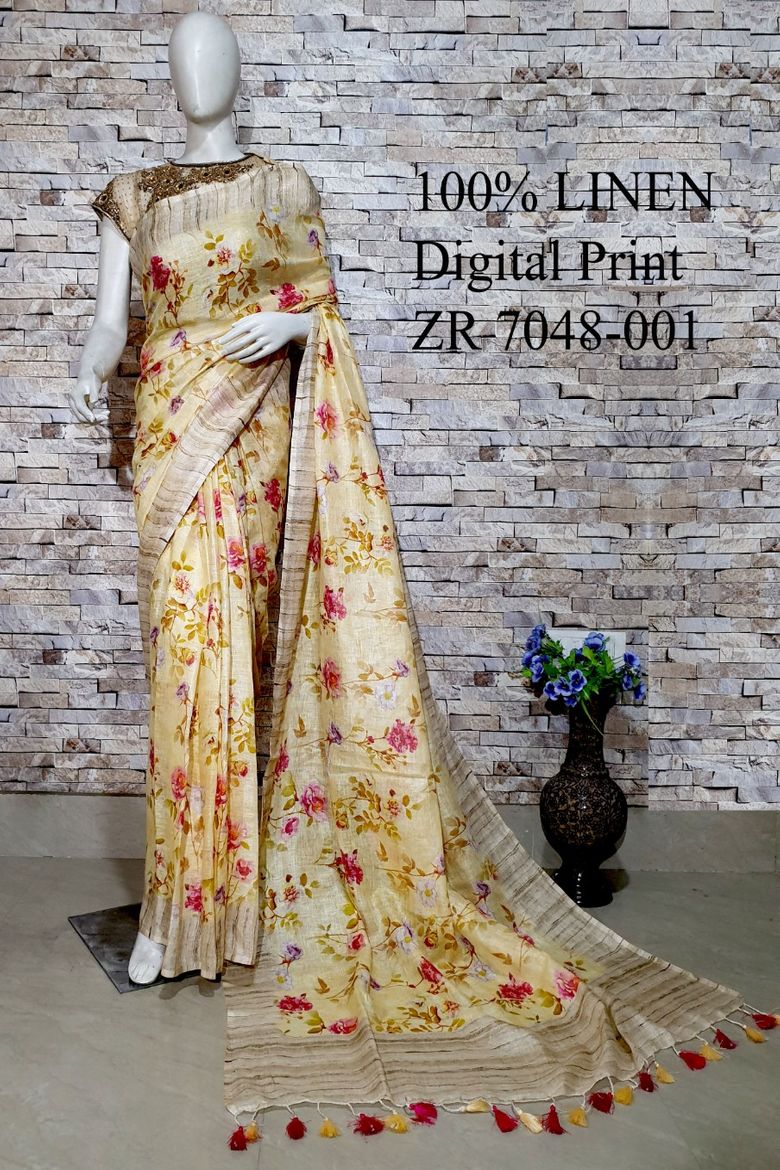 Yellow Floral Printed linen saree I Gold Zari BorderI Handwoven Saree I Pretty Sari | KIHUMS Saree