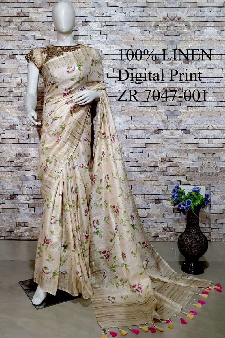 Beige Floral Printed linen saree I Gold Zari BorderI Handwoven Saree I Pretty Sari | KIHUMS Saree