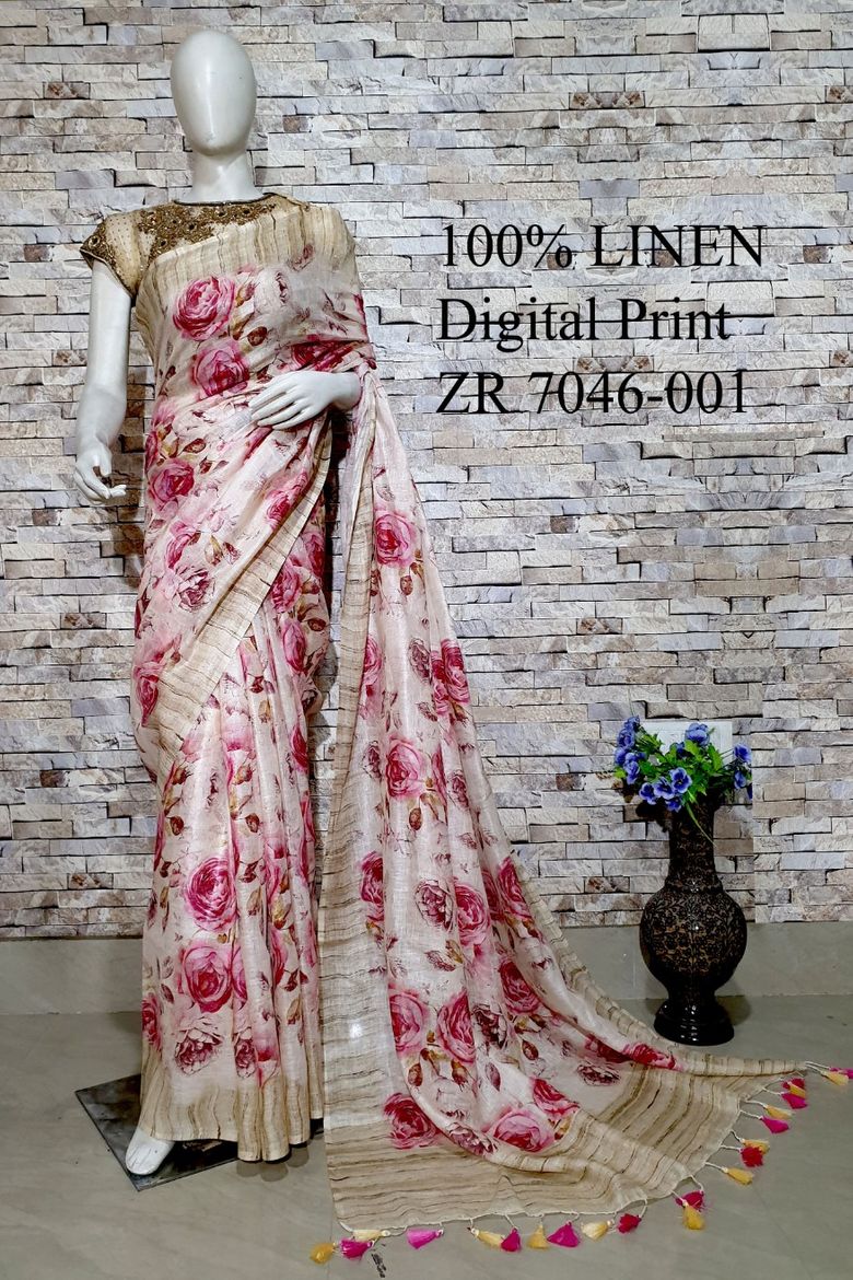 Powder Pink Floral Printed linen saree I Gold Zari BorderI Handwoven Saree I Pretty Sari | KIHUMS Saree