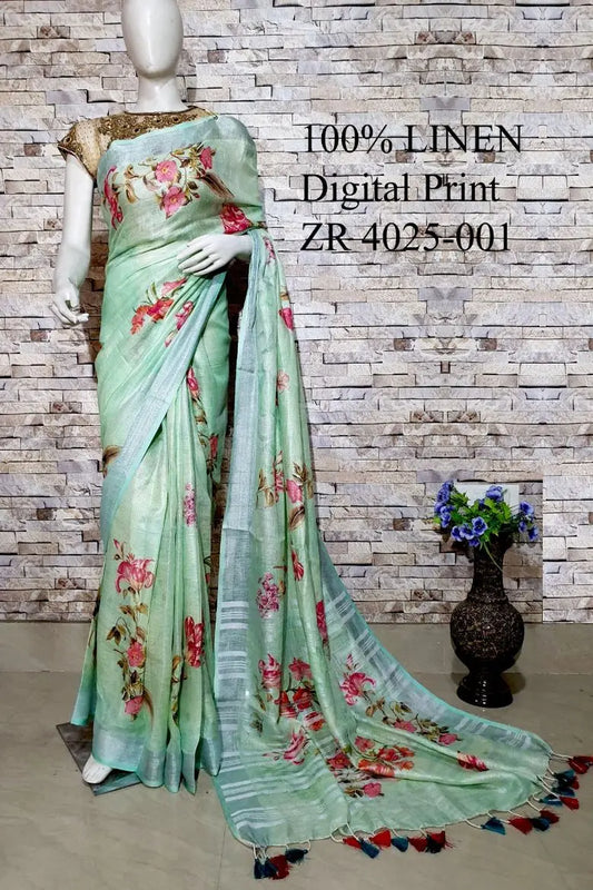Green Floral Printed linen saree I Gold Zari BorderI Handwoven Saree I Pretty Sari | KIHUMS Saree kihums clothing