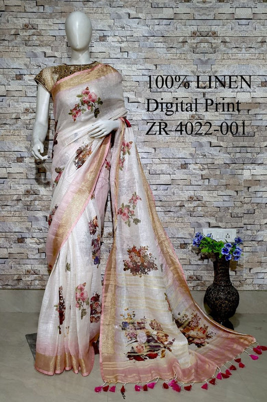 Pastel off white Floral Printed linen saree I Gold Zari BorderI Handwoven Saree I Pretty Sari | KIHUMS Saree