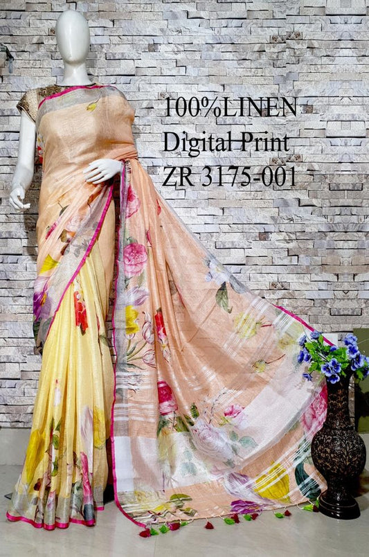 Multishade Floral Printed linen saree I Gold Zari BorderI Handwoven Saree I Pretty Sari | KIHUMS Saree