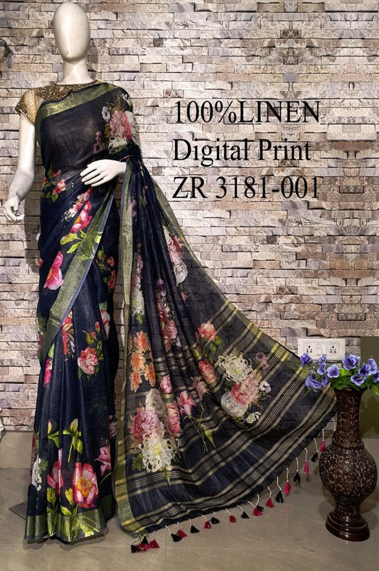 Black Floral Printed linen saree I Silver Zari BorderI Handwoven Saree I Pretty Sari | KIHUMS Saree