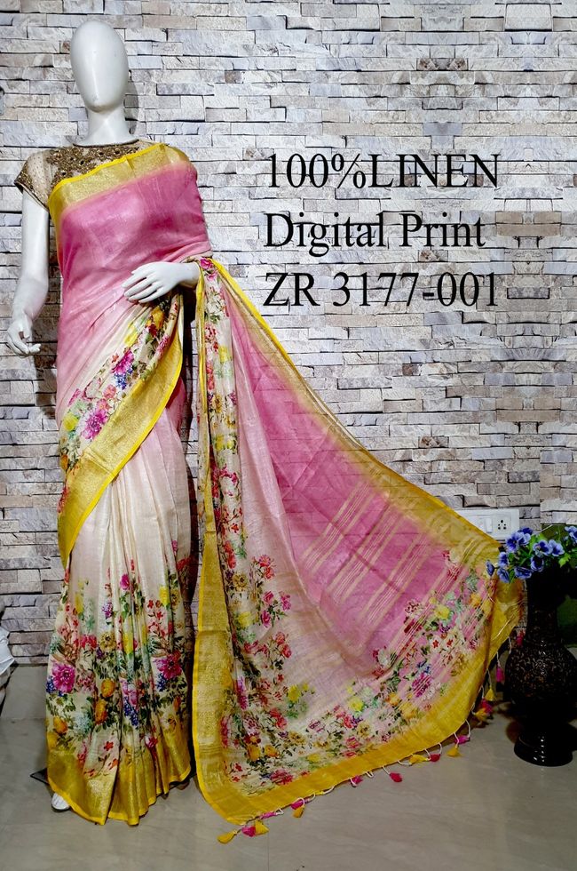 Multi-Shade Black Floral Printed linen saree I Silver Zari BorderI Handwoven Saree I Pretty Sari | KIHUMS Saree