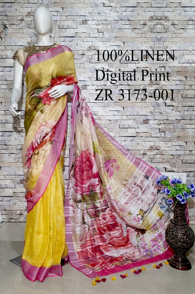 Yellow Shade Black Floral Printed linen saree I Silver Zari BorderI Handwoven Saree I Pretty Sari | KIHUMS Saree