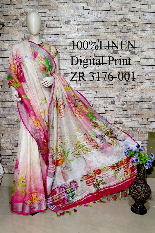 Pastel Shade Black Floral Printed linen saree I Silver Zari BorderI Handwoven Saree I Pretty Sari | KIHUMS Saree