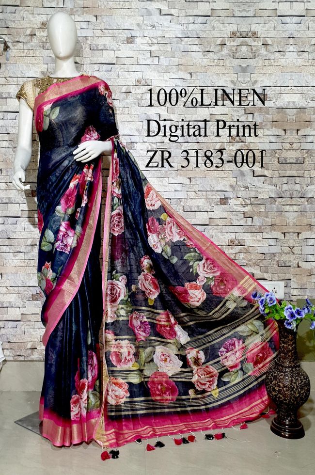 Black Floral Printed linen saree I Silver Zari BorderI Handwoven Saree I Pretty Sari | KIHUMS Saree