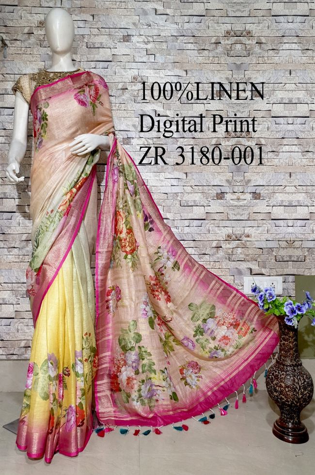 Multishade Floral Printed linen saree I Silver Zari BorderI Handwoven Saree I Pretty Sari | KIHUMS Saree