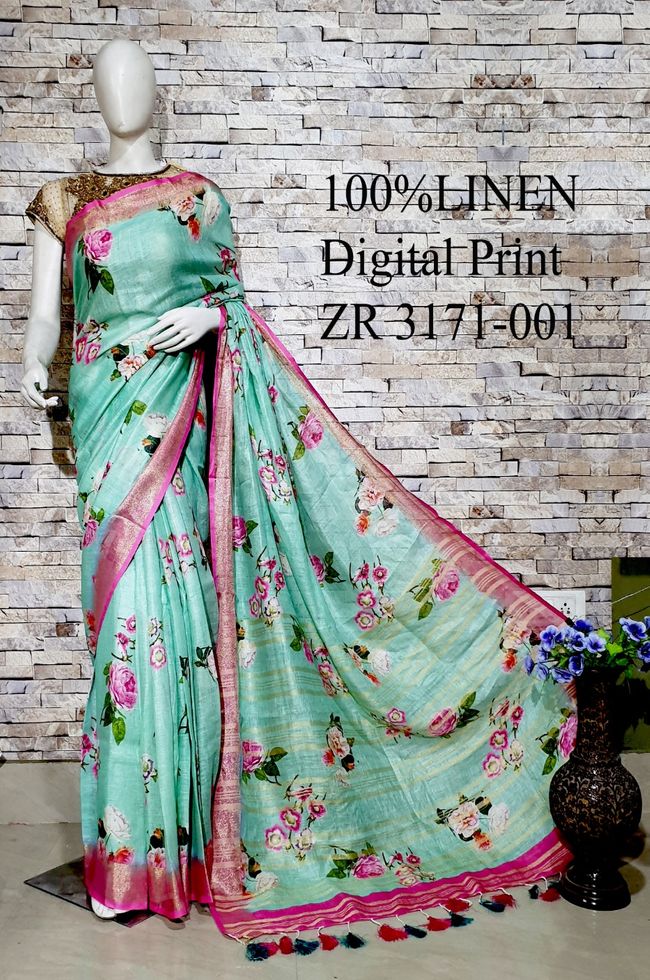 Green shade Floral Printed linen saree I Silver Zari BorderI Handwoven Saree I Pretty Sari | KIHUMS Saree