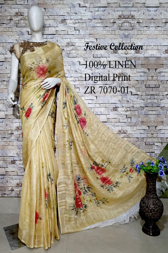 Yellow shade Floral Printed linen saree I Silver Zari BorderI Handwoven Saree I Pretty Sari | KIHUMS Saree