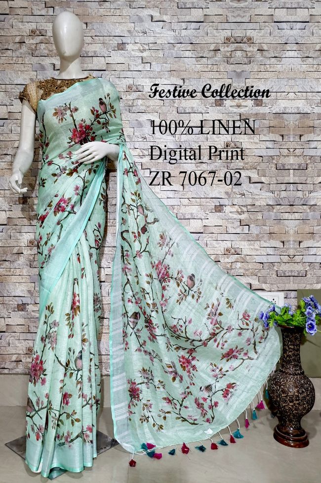 Light Green shade Floral Printed linen saree I Silver Zari BorderI Handwoven Saree I Pretty Sari | KIHUMS Saree