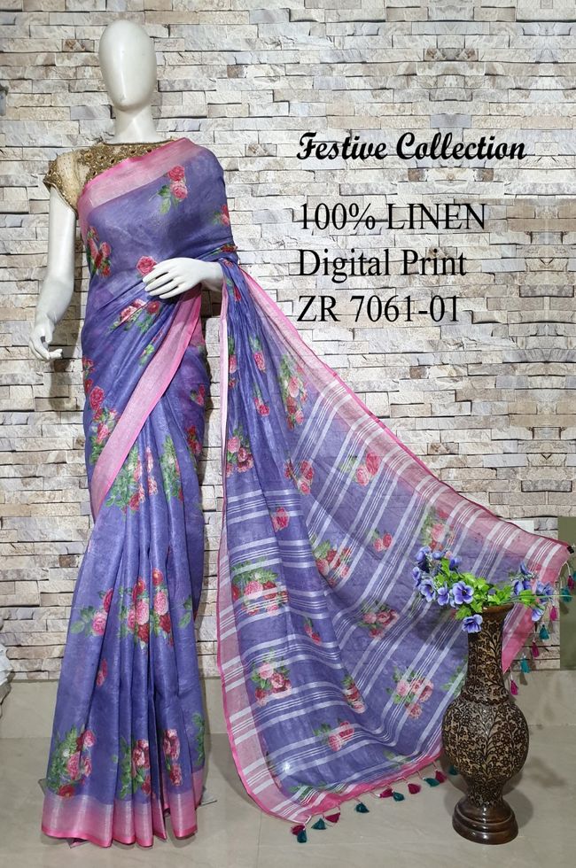 Purple shade Floral Printed linen saree I Silver Zari BorderI Handwoven Saree I Pretty Sari | KIHUMS Saree