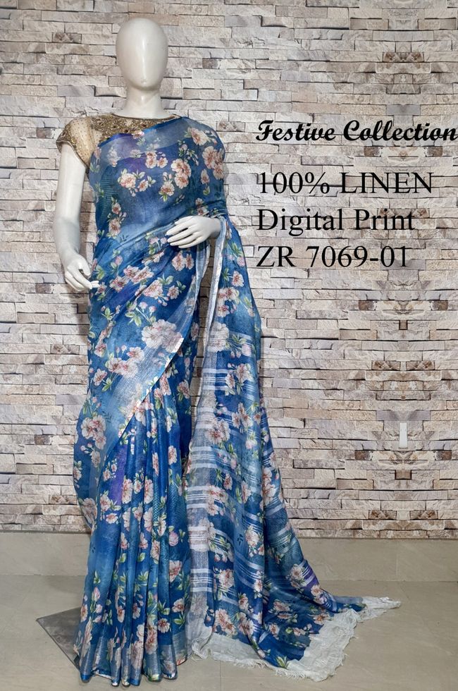 Blue shade Floral Printed linen saree I Silver Zari BorderI Handwoven Saree I Pretty Sari | KIHUMS Saree