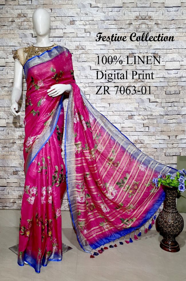Magenta shade Floral Printed linen saree I Silver Zari BorderI Handwoven Saree I Pretty Sari | KIHUMS Saree