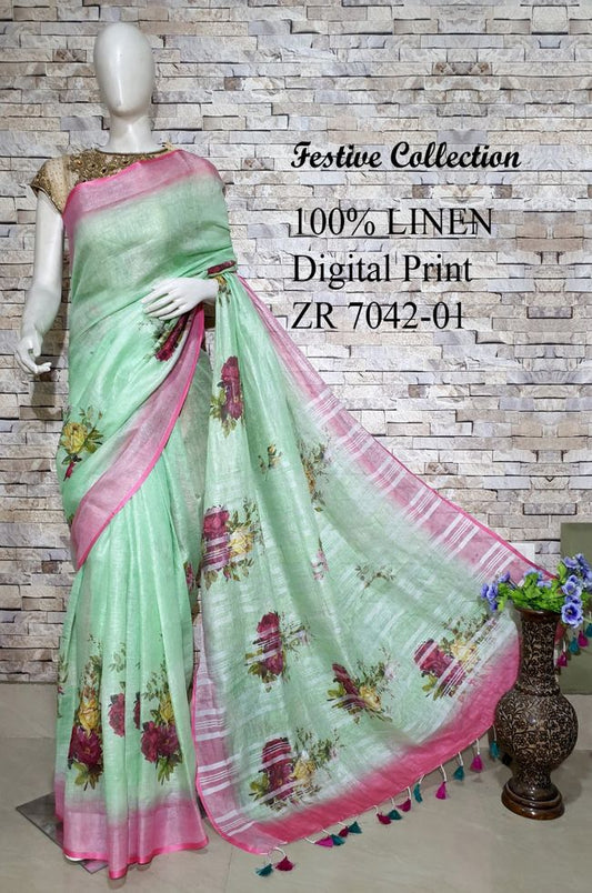 Light Green shade Floral Printed linen saree I Silver Zari BorderI Handwoven Saree I Pretty Sari | KIHUMS Saree