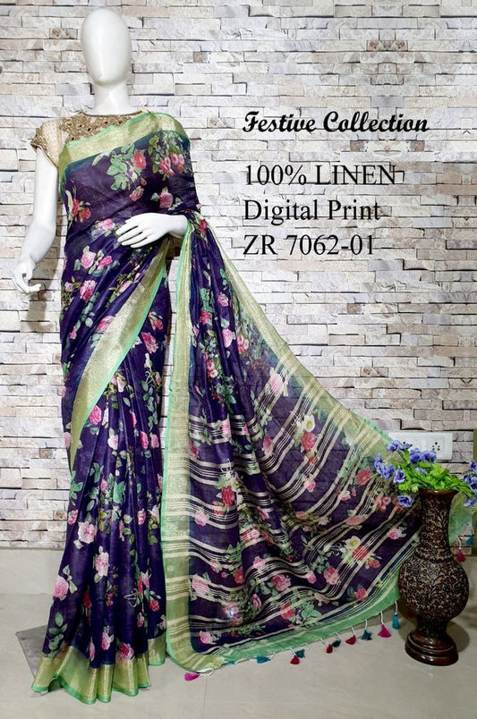 Black shade Floral Printed linen saree I Gold Zari BorderI Handwoven Saree I Pretty Sari | KIHUMS Saree