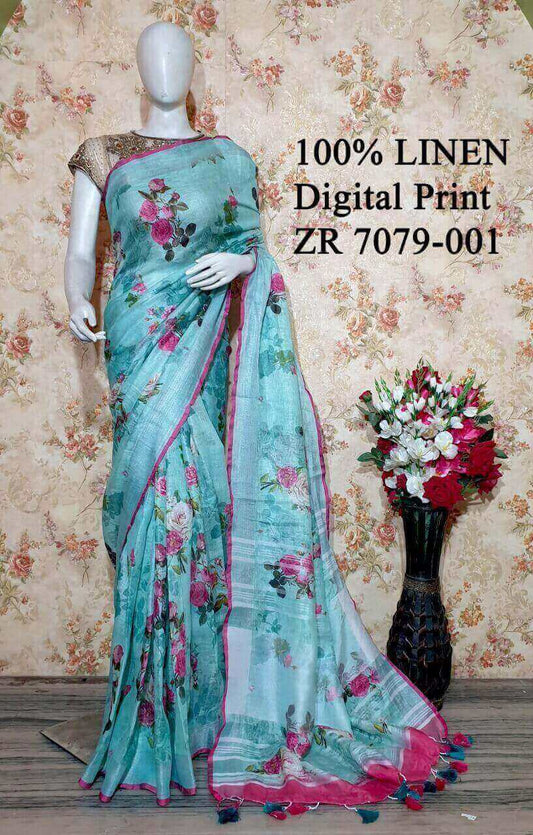 Green shade Floral Printed linen saree I Silver Zari BorderI Handwoven Saree I Pretty Sari | KIHUMS Saree