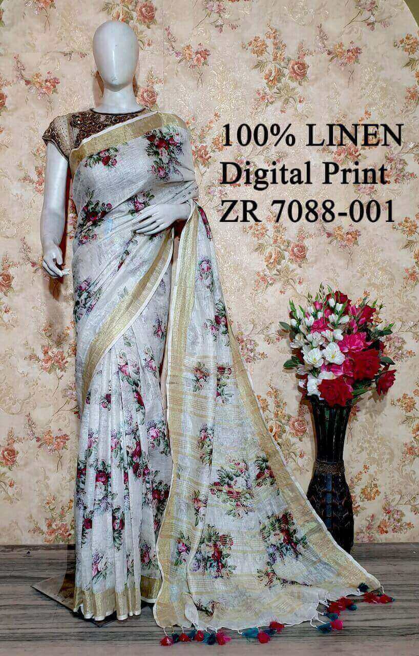 White shade Floral Printed linen saree I Silver Zari BorderI Handwoven Saree I Pretty Sari | KIHUMS Saree