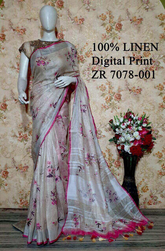 Dusty Pink Shade Floral Printed linen saree I Silver Zari BorderI Handwoven Saree I Pretty Sari | KIHUMS Saree
