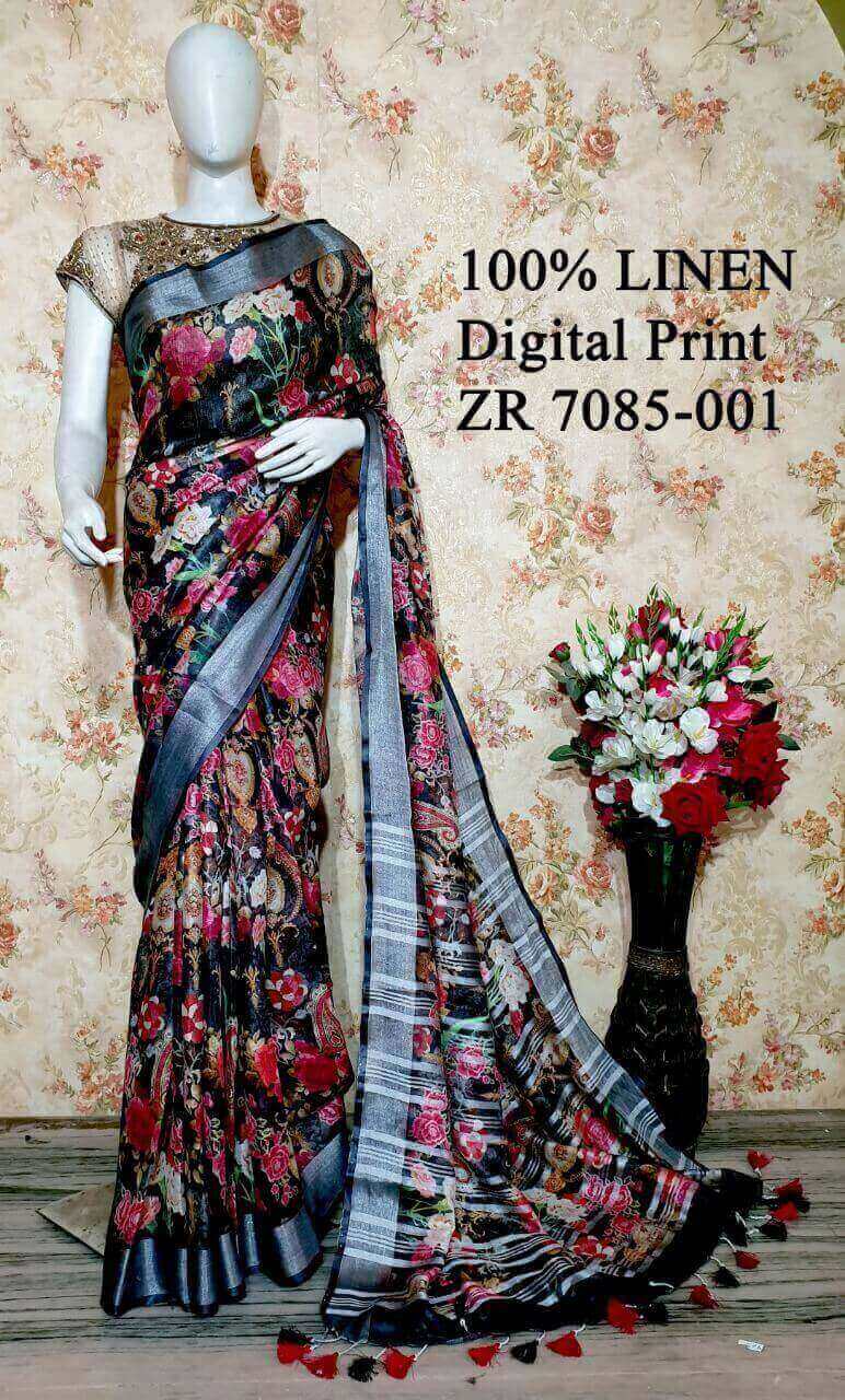 Black Shade Floral Printed linen saree I Silver Zari BorderI Handwoven Saree I Pretty Sari | KIHUMS Saree