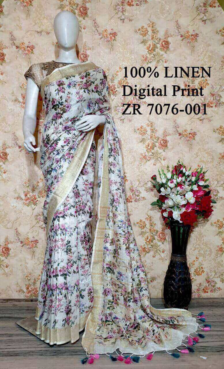 White Shade Floral Printed linen saree I Silver Zari BorderI Handwoven Saree I Pretty Sari | KIHUMS Saree