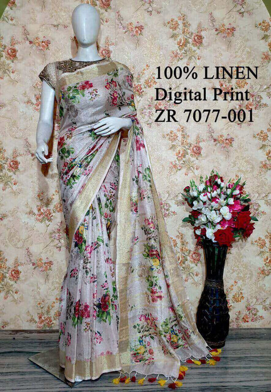 Pastel Shade Floral Printed linen saree I Silver Zari BorderI Handwoven Saree I Pretty Sari | KIHUMS Saree