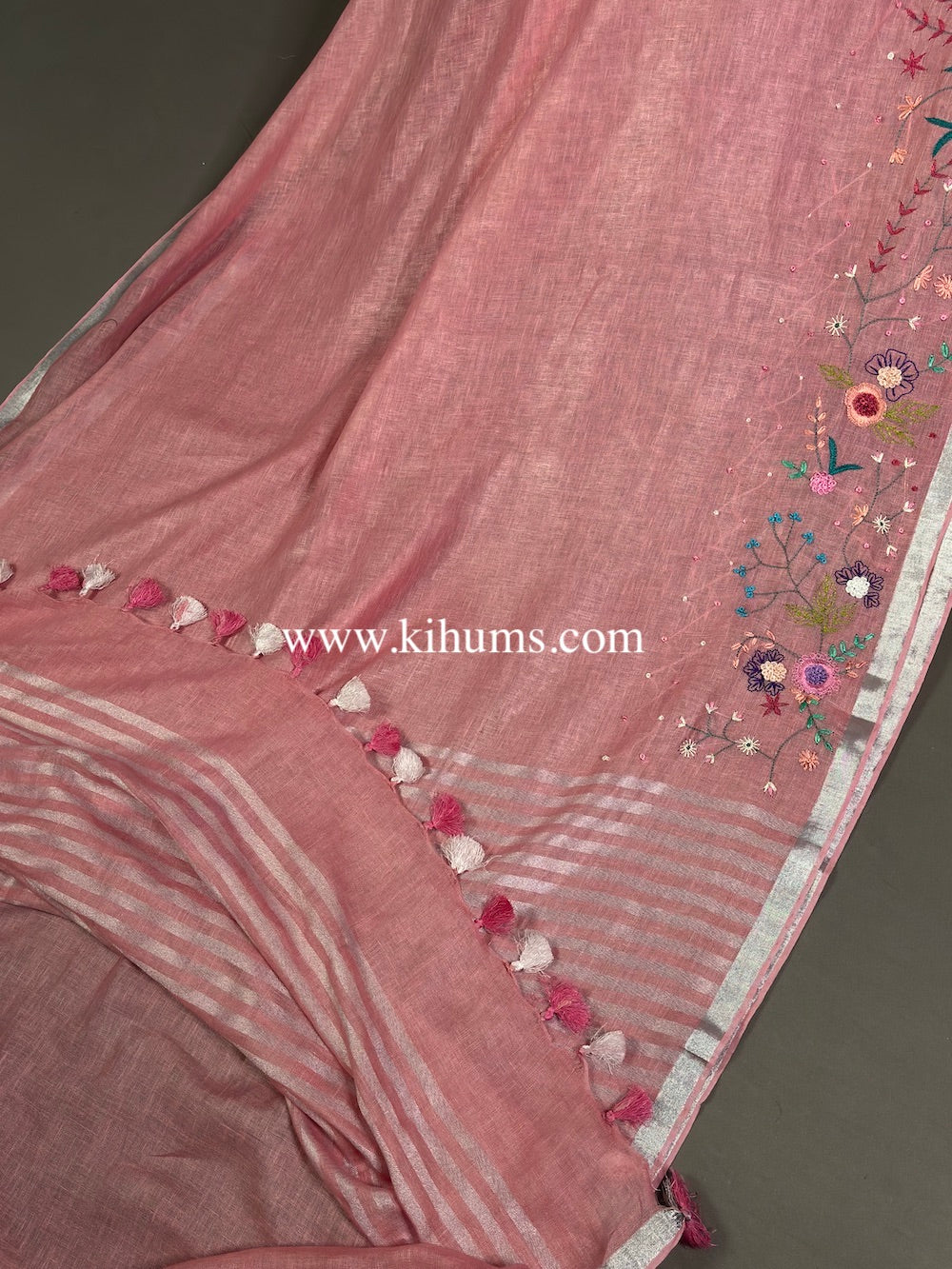 Peachish Pink Handwoven Linen Saree with Hand Embroidery Work | KIHUMS Saree